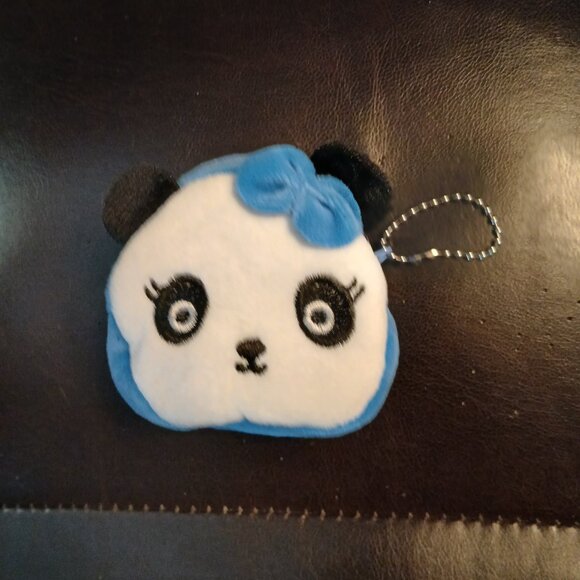BLUE Fur PANDA Bear Coin Purse STITCHED Eyes Nose 3D Black ears Bow - Picture 3 of 6
